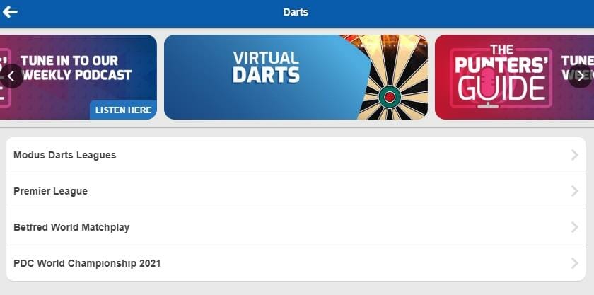 screenshot of Betfred Darts betting markets 