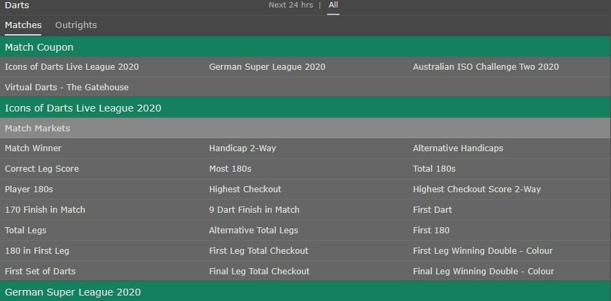 screenshot of darts betting markets on bet365