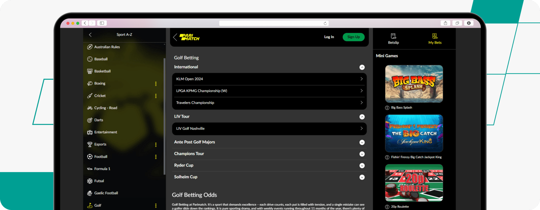 parimatch golf betting desktop screenshot