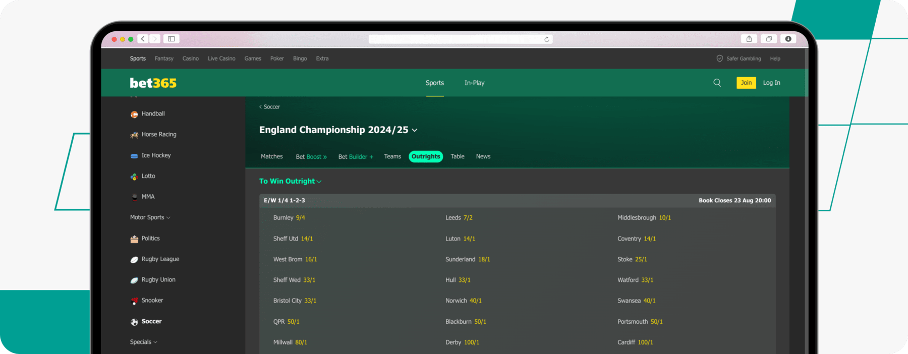 EFL Championship bet365 Web Screenshot on Aug 23, 6:31PM