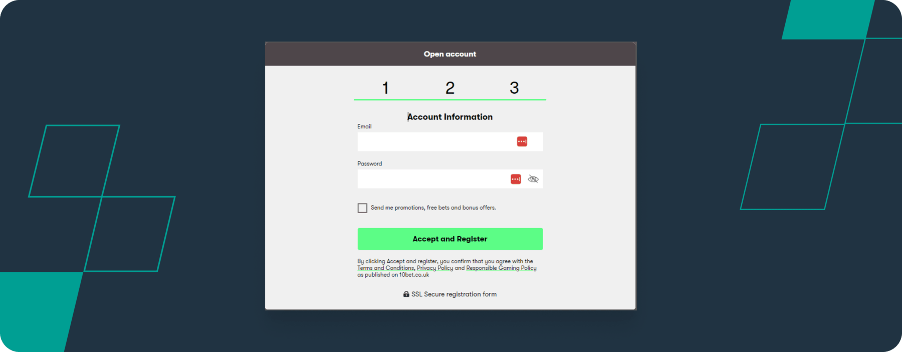 screenshot of 10bet registration process step 3