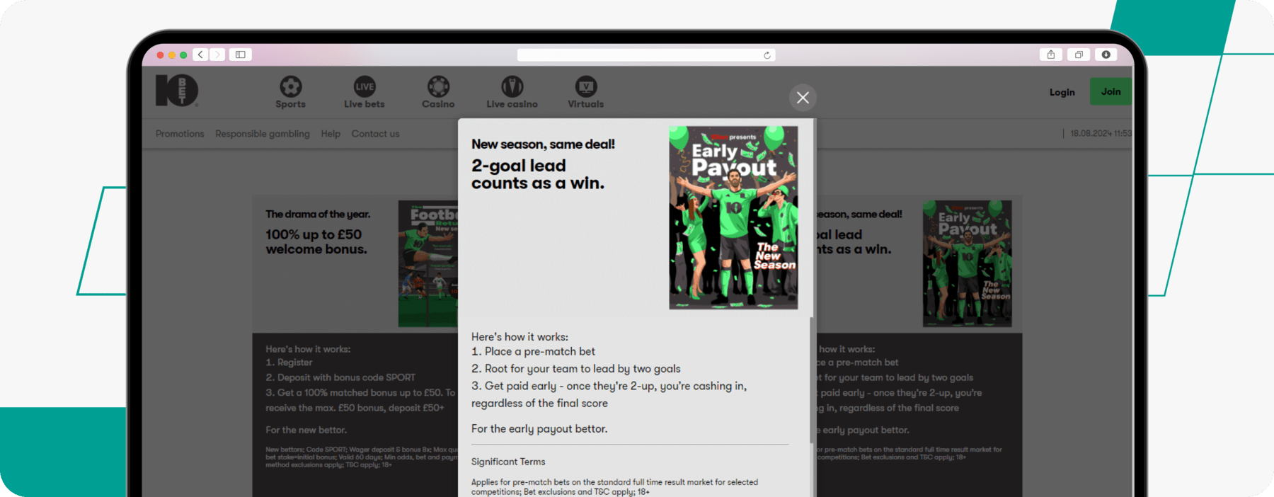 screenshot showing 10bet 2 goal early payout offer