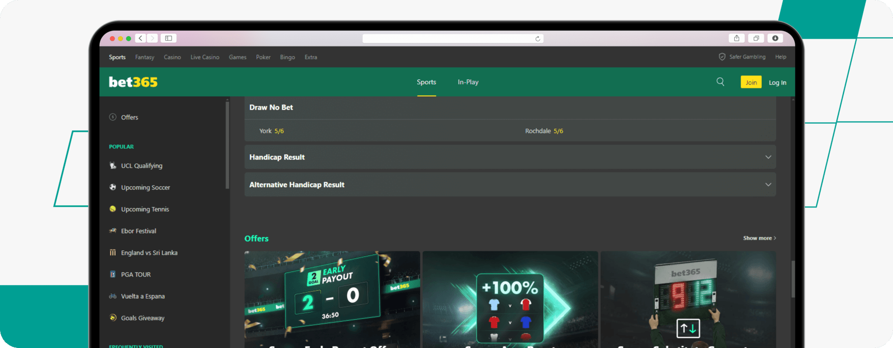 screenshot showing bet365 draw no bet odds