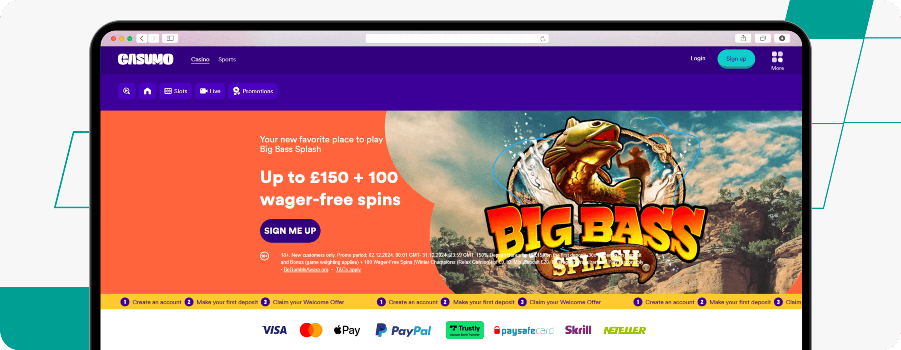 screenshot of casumo's casino welcome offer